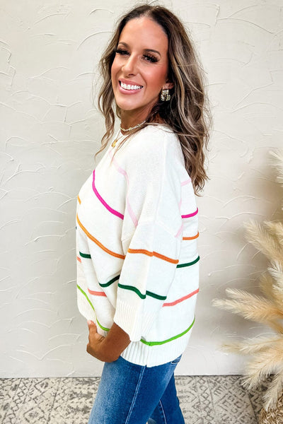 Striped Half Sleeve Drop Shoulder Sweater