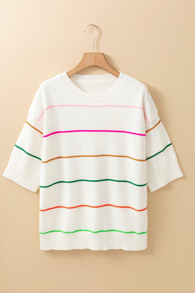 Striped Half Sleeve Drop Shoulder Sweater