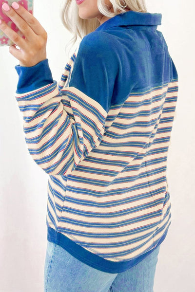 Striped Johnny Collar Long Sleeve Sweatshirt