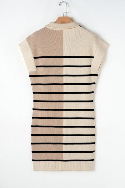 Striped Quarter Zip Cap Sleeve Sweater Dress