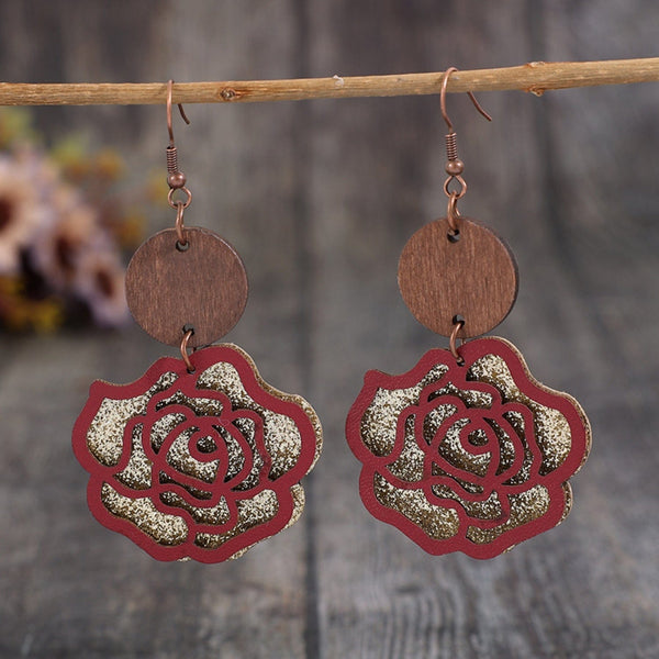 Style A / One Size Wooden Alloy Rose Shape Dangle Earrings