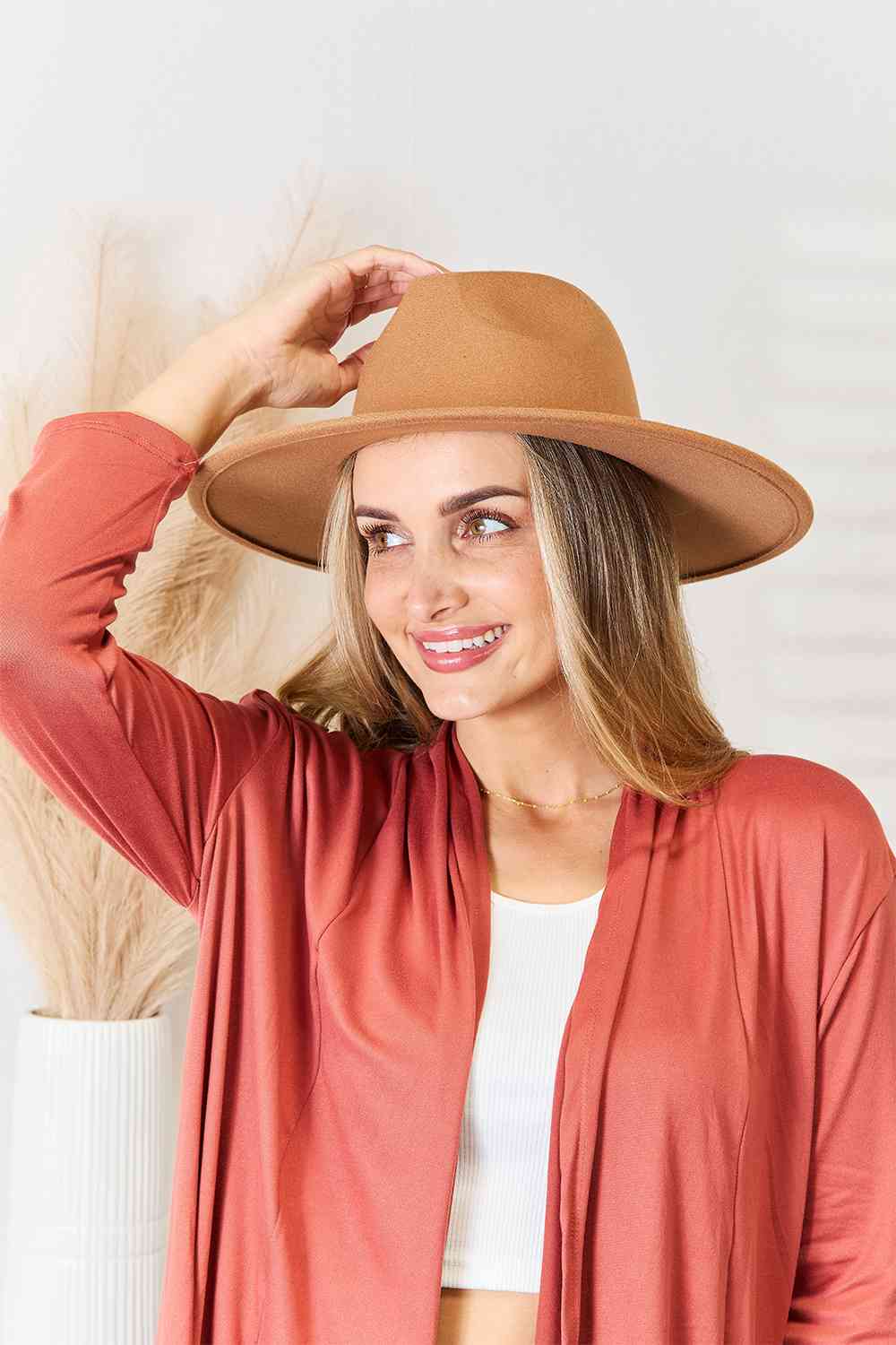 Tan / One Size Fame Flat Brim Fedora Fashion Hat