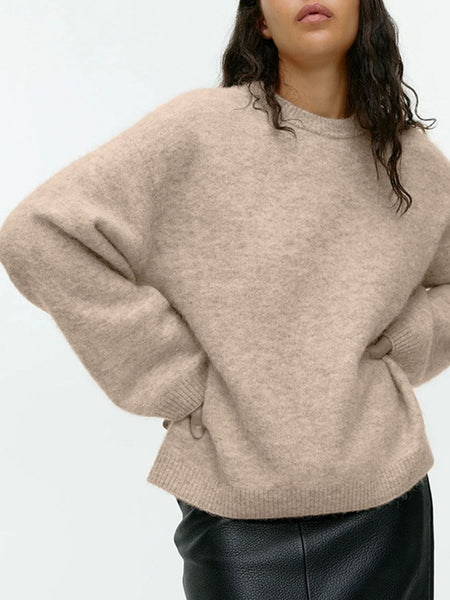 Tan / One Size Round Neck Drop Shoulder Sweater