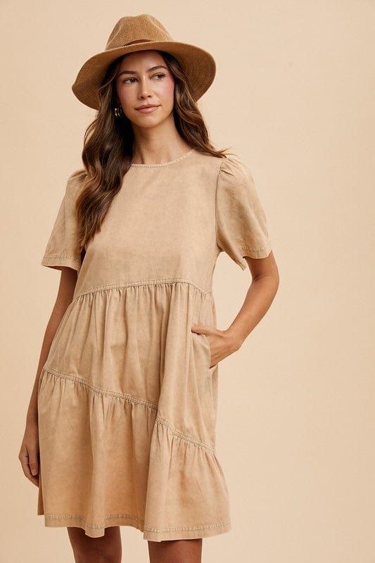 Tan / S Annie Wear Mineral Washed Round Neck Short Sleeve Denim Dress