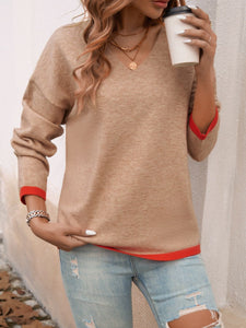 Tan / S Devine Contrast Trim V-Neck Dropped Shoulder Sweater