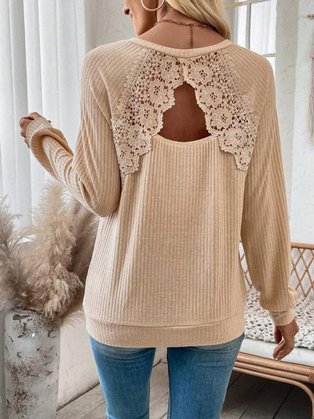 Tan / S Lace Detail Cutout V-Neck Long Sleeve T-Shirt