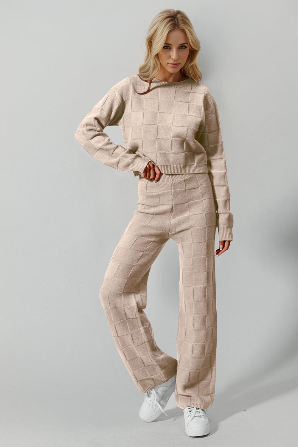 Tan / S/M Double Take Full Size Checkered Round Neck Top and Pants Set