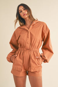 Tan / S Mable Snap Down Long Sleeve Hooded Romper