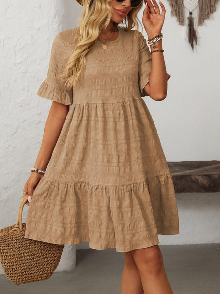 Tan / S Mandy Ruffled Ruched Round Neck Half Sleeve Dress