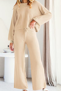 Tan / S Round Neck Long Sleeve Top and Pants Set