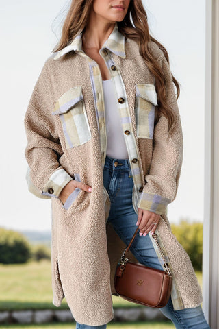 Tan / S Slit Plaid Button Down Long Sleeve Coat