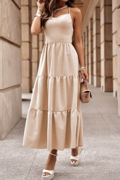 Tan / S Tiered Crisscross Spaghetti Strap Dress