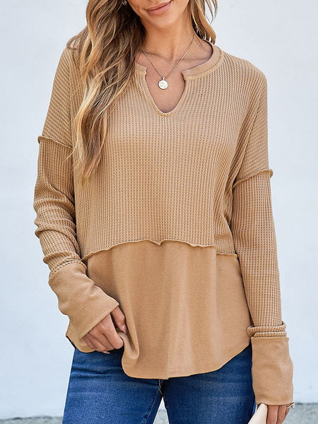 Tan / S Waffle-Knit Notched Long Sleeve T-Shirt