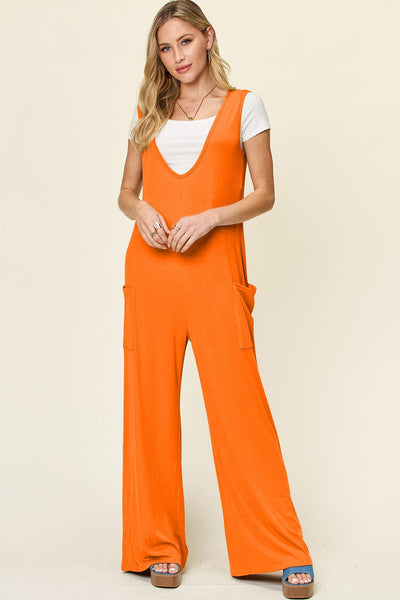 Tangerine / S Double Take Full Size Sleeveless Wide Leg Jumpsuit with Pockets