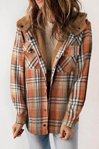 Tangerine / S Plaid Snap Down Hooded Jacket