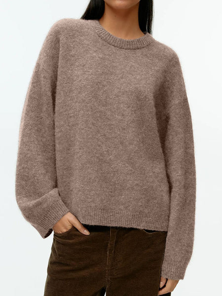 Taupe / One Size Round Neck Drop Shoulder Sweater