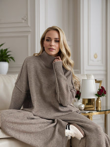 Taupe / One Size Slit Turtleneck Long Sleeve Top and Pants Sweater Set