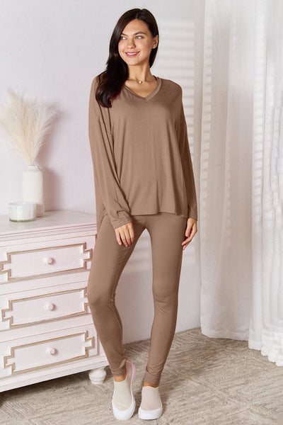 Taupe / S Basic Bae Full Size V-Neck Soft Rayon Long Sleeve Top and Pants Lounge Set
