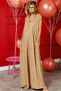 Taupe / S BiBi Checkered Cap Sleeve Wide Leg Jumpsuit with Pockets