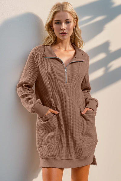 Taupe / S Double Take Waffle Long Sleeve Mini Dress with Pockets