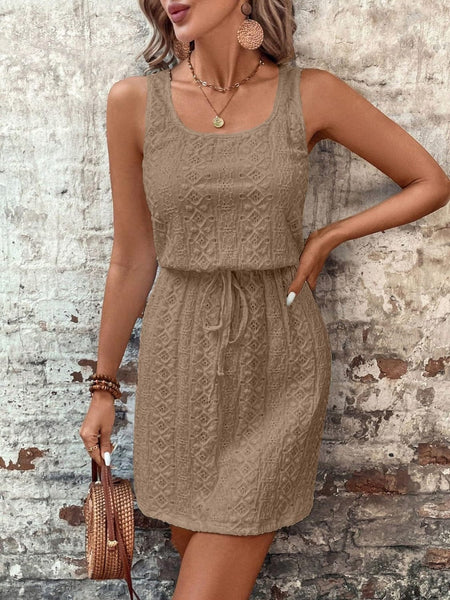 Taupe / S Eyelet Drawstring Round Neck Sleeveless Dress