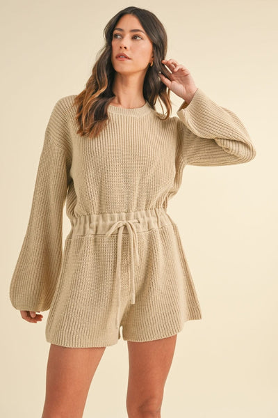 Taupe / S/M MABLE Round Neck Long Sleeve Sweater Romper