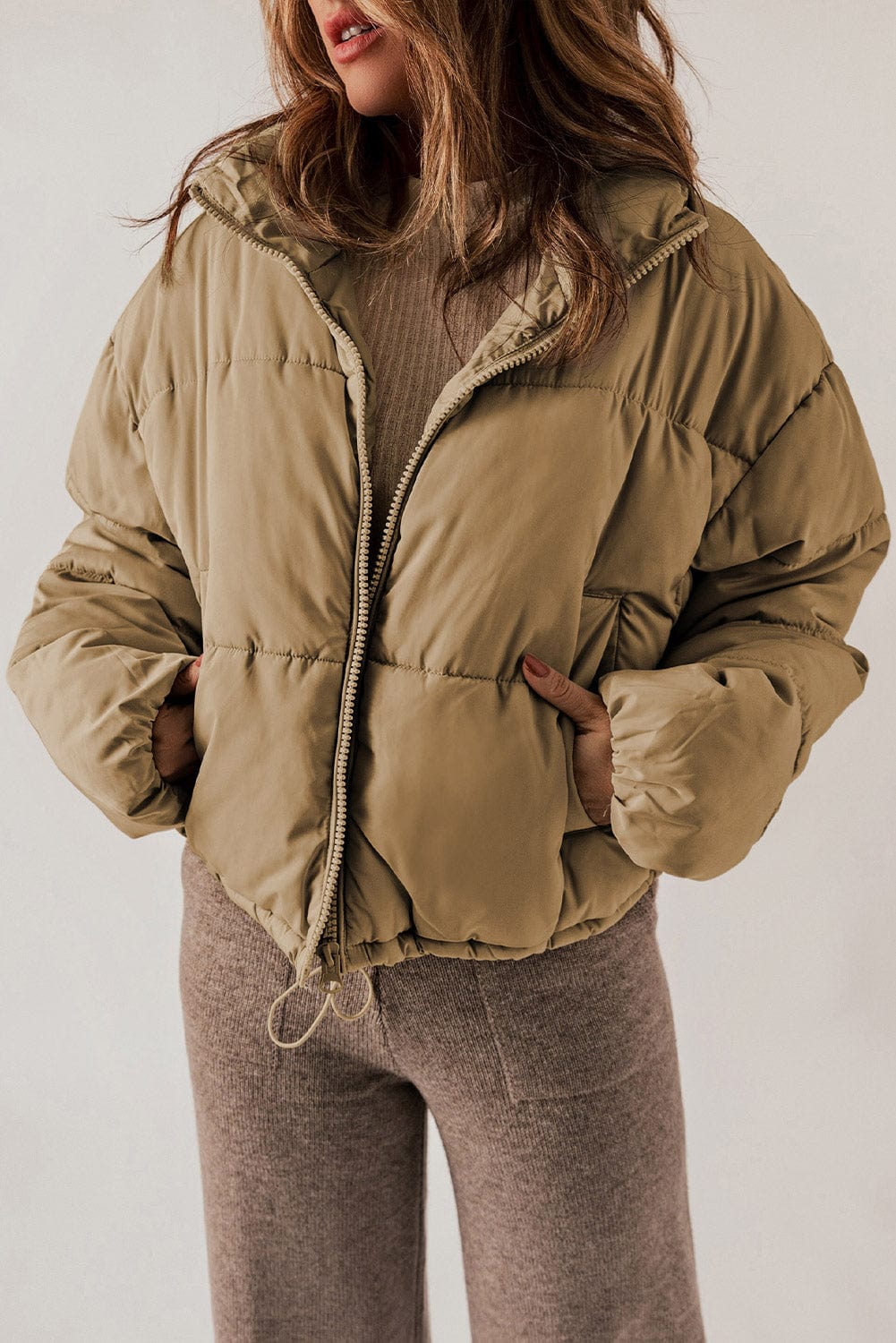 Taupe / S Zip Up Collared Neck Long Sleeve Winter Coat