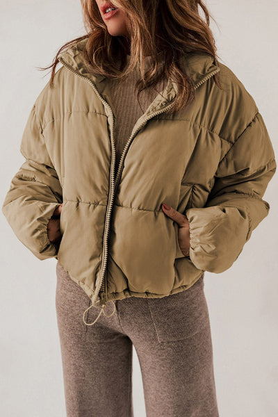 Taupe / S Zip Up Collared Neck Long Sleeve Winter Coat