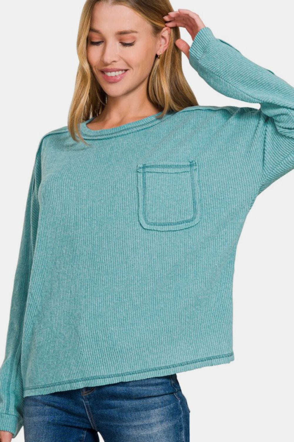 Teal / S/M Zenana Full Size Contrast Stitching Brushed Ribbed Hacci Knit Top Plu Size