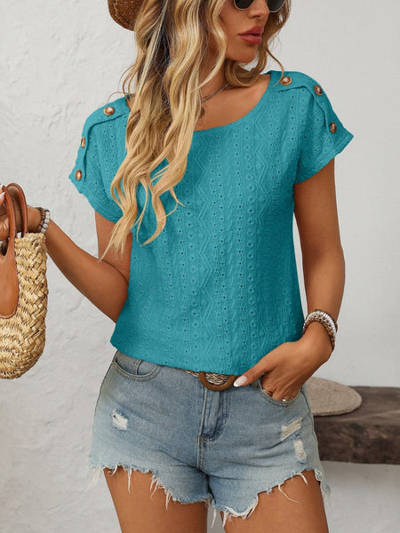 Teal / S Mandy Eyelet Round Neck Short Sleeve Top