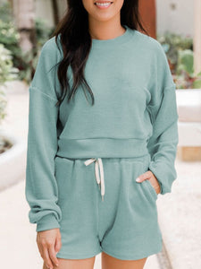 Teal / S Ribbed Round Neck Long Sleeve Top and Shorts Set