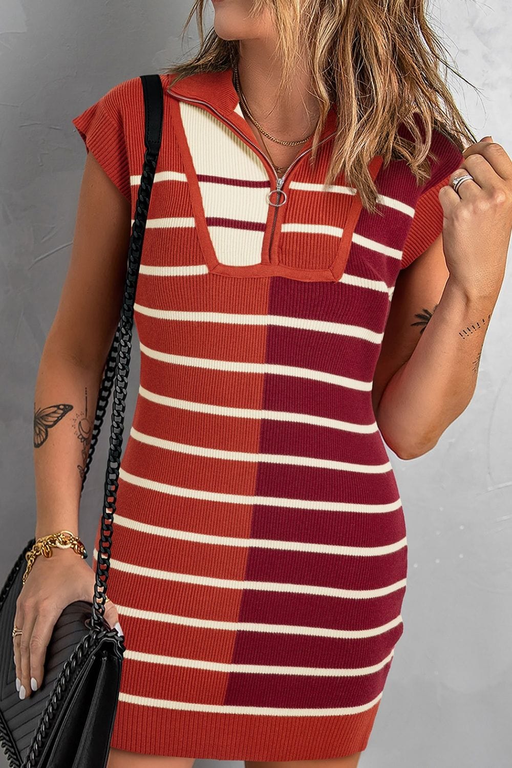 Terracotta / S Striped Quarter Zip Cap Sleeve Sweater Dress