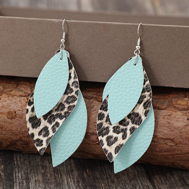 Tiffany Blue / One Size Leopard PU Leather Leaf Earrings