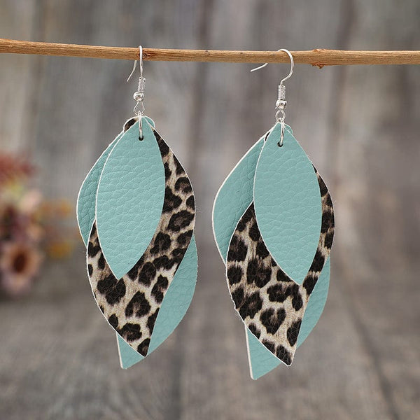 Tiffany Blue / One Size Leopard PU Leather Leaf Earrings