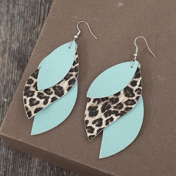 Tiffany Blue / One Size Leopard PU Leather Leaf Earrings