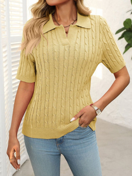 Turmeric / S Mandy Cable Knit Johnny Collar Half Sleeve Sweater