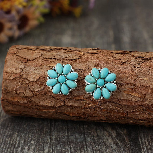 Turquoise / One Size Alloy Turquoise Flower Stud Earrings