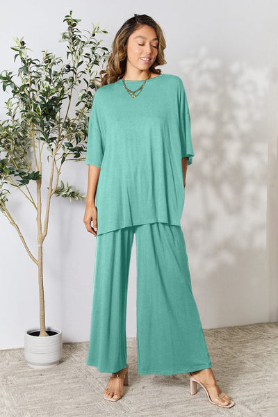 Turquoise / S Double Take Full Size Round Neck Slit Top and Pants Set