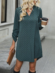 Turquoise / S Printed V-Neck Long Sleeve Mini Dress