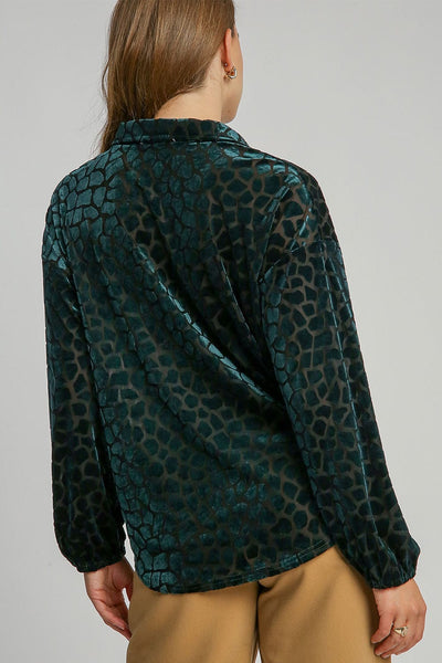 Umgee Animal Print Button Up Velvet Shirt