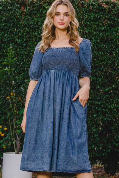 Washed Denim / S ODDI Full Size Washed Smocked Puff Sleeve Dress