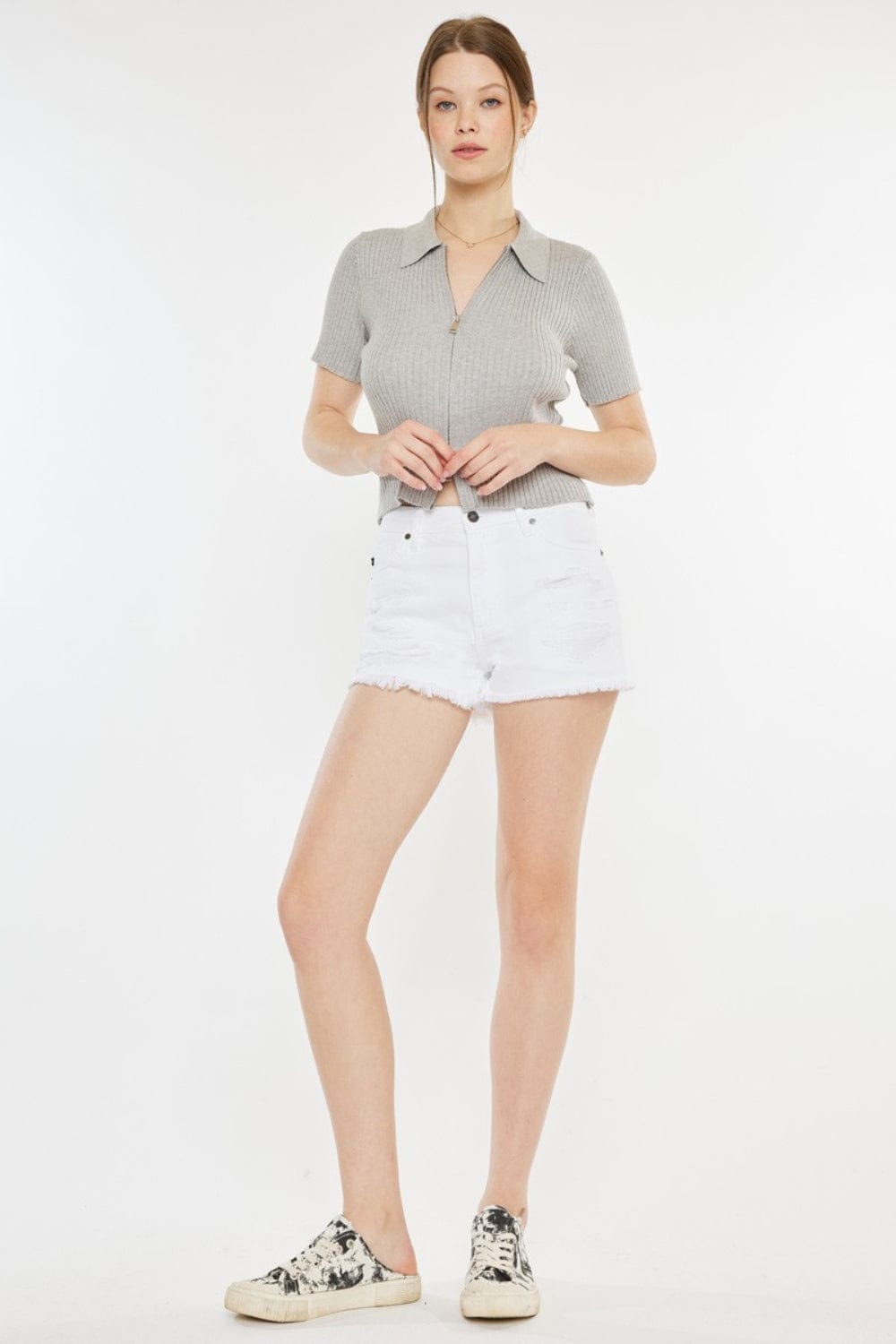 White / 1 Kancan Raw Hem Distressed Denim Shorts