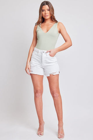 White / 1 YMI Jeanswea Distressed Frayed Hem Denim Shorts