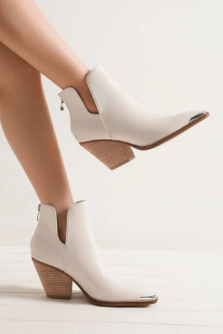 White / 5.5 Beast Fashion Pointed Metal-Tip Toe Block Heel Ankle Boots