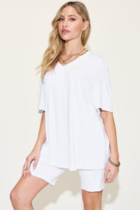 White / S Basic Bae Full Size V-Neck Drop Shoulder Short Sleeve T-Shirt and Shorts Set