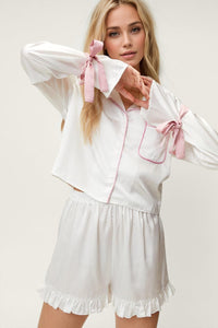 White / S Basic Bae Tied Cuff Collared Neck Top and Frill Shorts Lounge Set