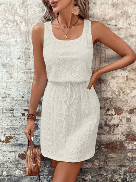 White / S Eyelet Drawstring Round Neck Sleeveless Dress