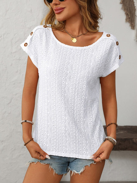 White / S Mandy Eyelet Round Neck Short Sleeve Top