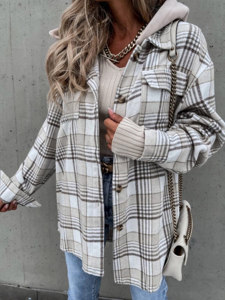 White / S Plaid Dropped Shoulder Hooded Jacket