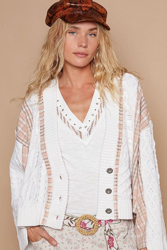 White / S POL Cable-Knit Plaid V-Neck Button Up Cardigan